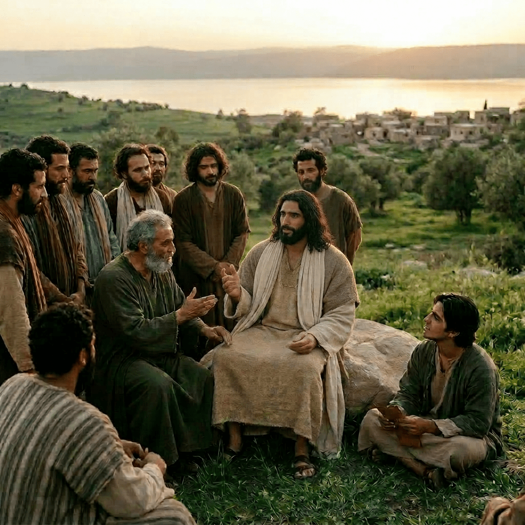 A man in robes reading a scroll to a group of men sitting and standing on grass near a village at sunset