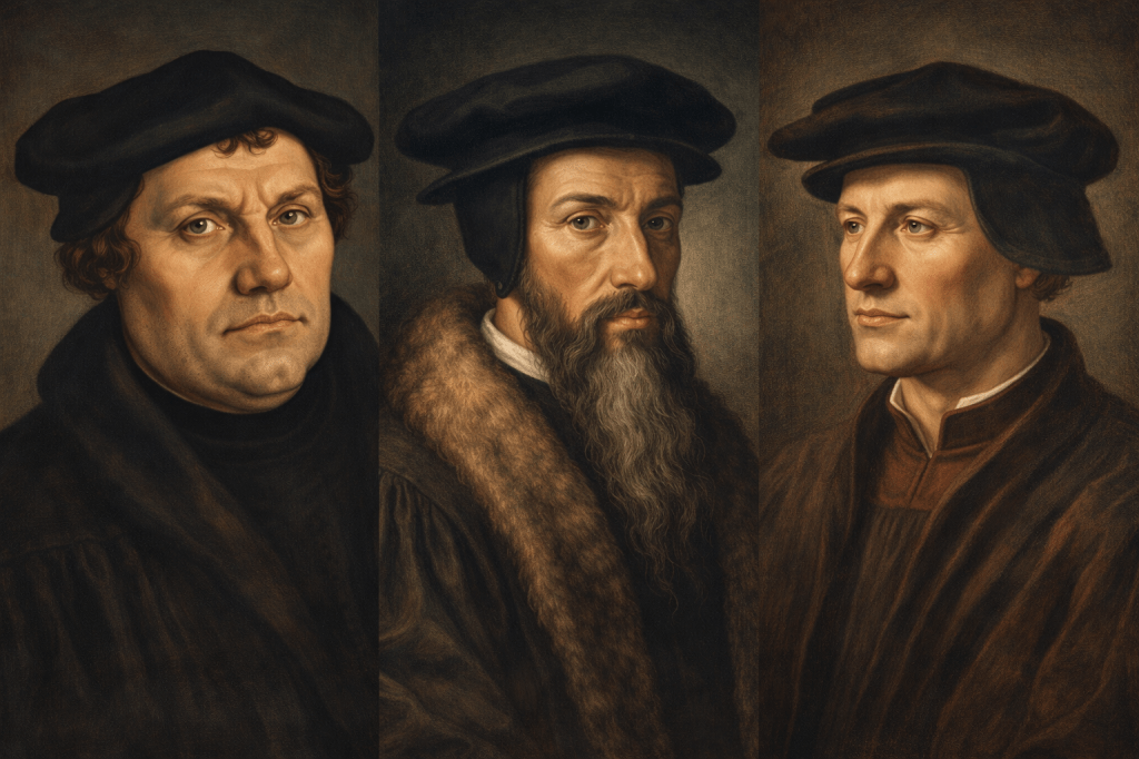 Portraits of three Renaissance men wearing traditional hats and robes, each with distinct facial expressions and styles.